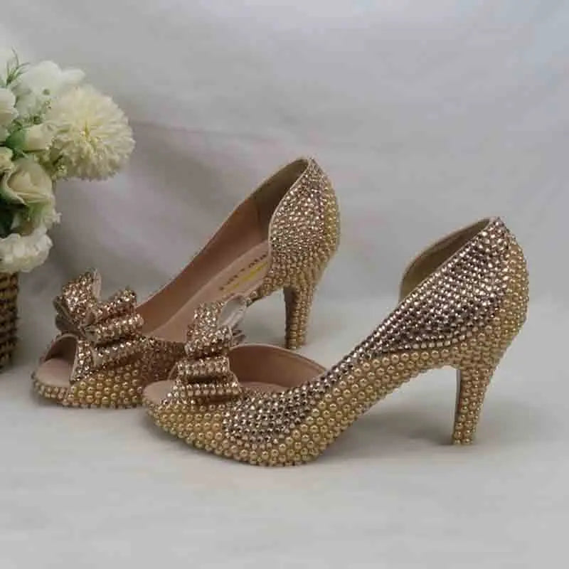 Champagne Golden Pearl Bridal Wedding shoes with matching bags woman Open Toe party dress shoes Platform shoes and bag