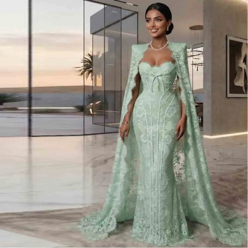 Customized Lace Mermaid Evening Dress with Cape Sweetheart Neckline Corset Formal Gown Dubai Wedding Guest Attire