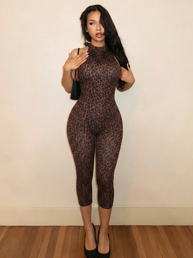 Kliou Leopard Print Playsuits Woman Summer Trend Bandage Halter Backless Skinny Peach Hip Hot Girls Street Sexy Fashion Rompers