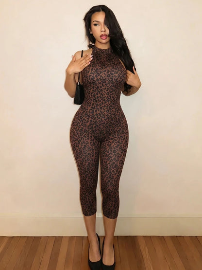 Kliou Leopard Print Playsuits Woman Summer Trend Bandage Halter Backless Skinny Peach Hip Hot Girls Street Sexy Fashion Rompers