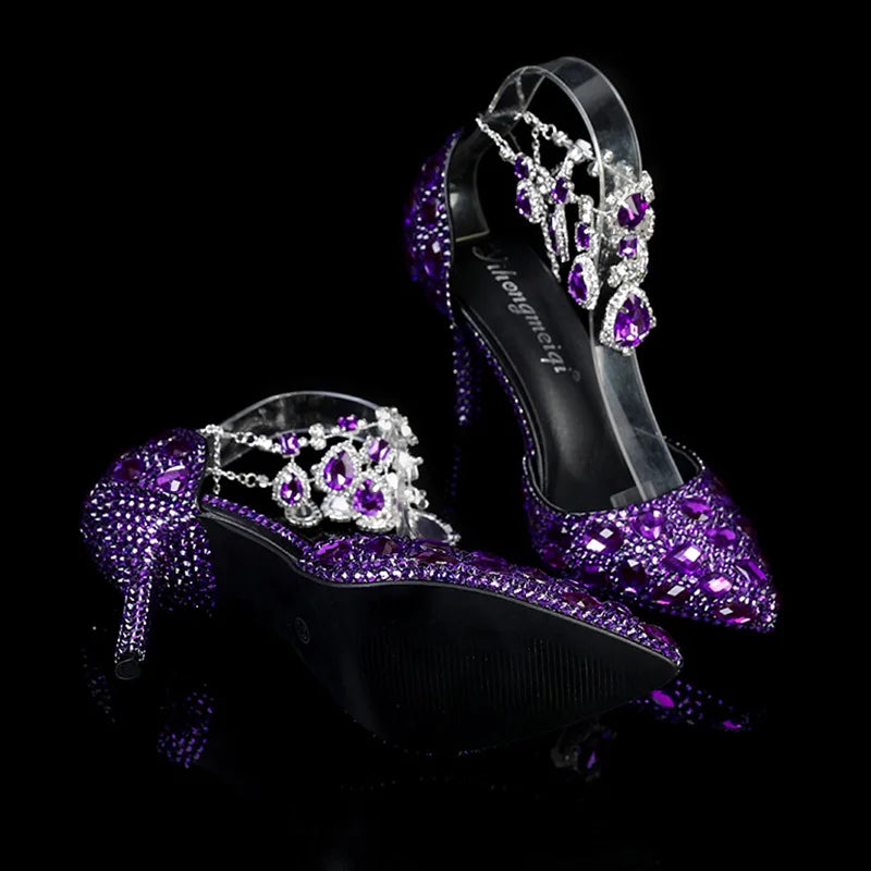 2024 Autumn Slim Heels Shallow Mouth Luxury Blue Water Diamond Pearl Women Single Shoes 9CM Wedding Party Shoes Sandalias Mujer