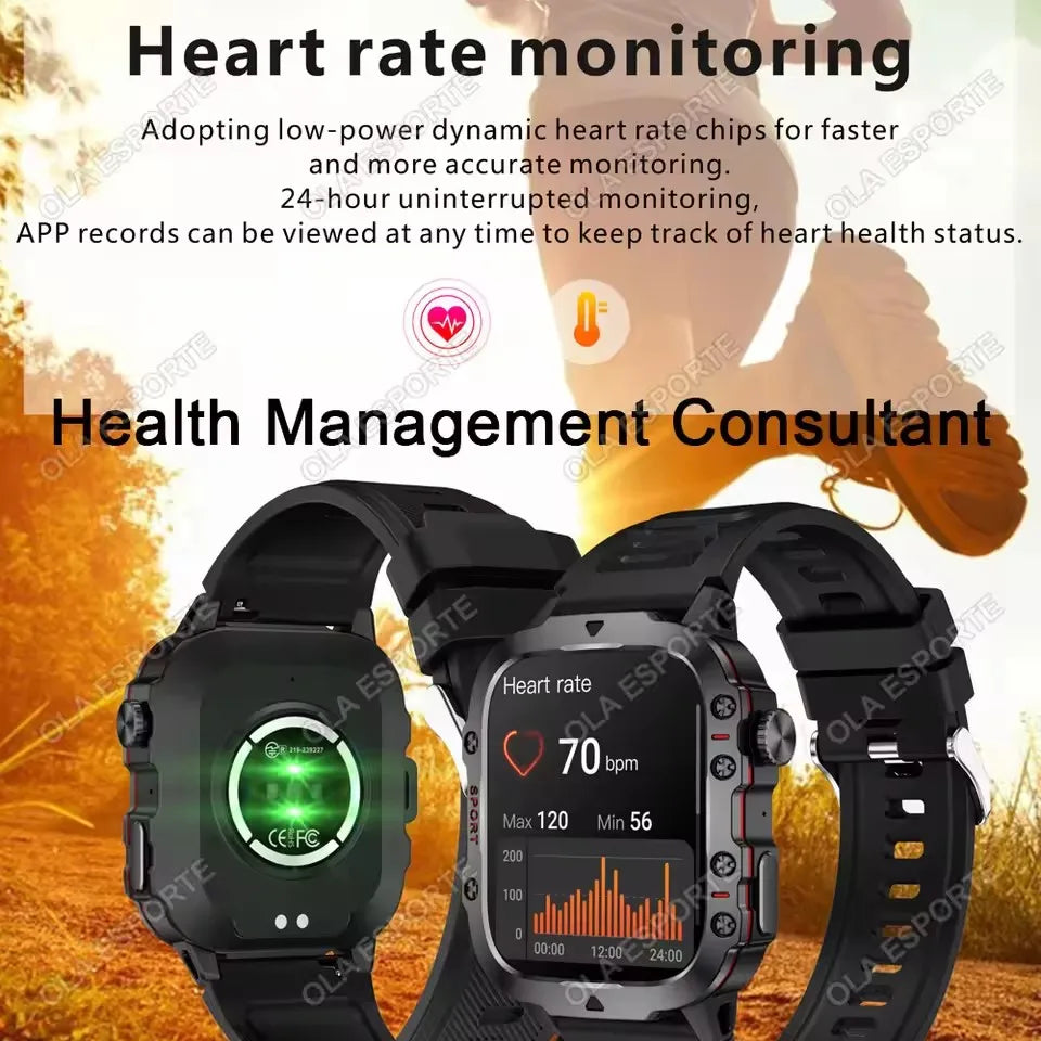 2026 New Military Smart Watch Men 3ATM Outdoor Sports Fitness Tracker Blood Pressure Health Monitoring BT Call GPS Smartwatch