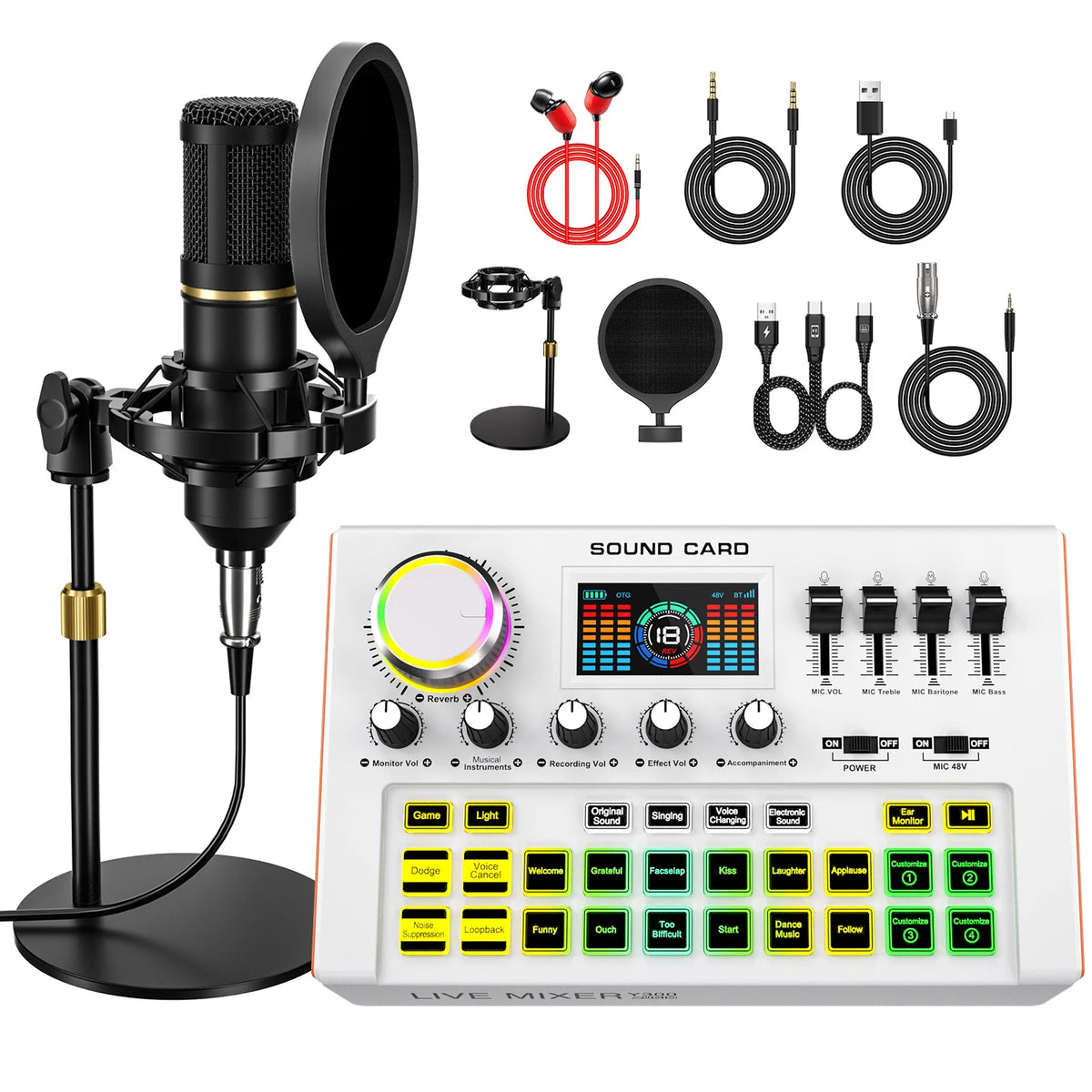 Tenlamp Y300-BM800 Podcast Equipment Bundle Kit for 4 People, Live Sound Card Audio Mixer with 3.5mm Condenser Mic for PC Phone, Professional Studio Setup for Live Streaming Gaming Karaoke Vlog