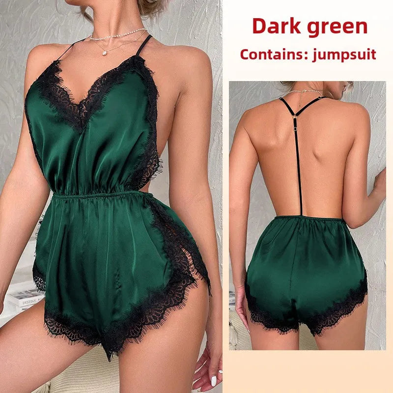 Sexy Adult Womens Clothing Temptation Camisole Shorts Pajamas One-Piece Ice Silk Nightdress Solid Color Print V-Neck Loungewear
