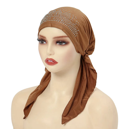 Fashion Muslim Headscarf Hat for Women Thin Summer Inner Hijab Caps Solid Color Diamond Turban Bonnet India Headwrap