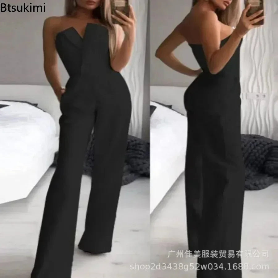 New Fashion Women's Elegant Jumpsuits Solid Off Shoulder Sexy Slim Jumpsuits Female Sleeveless High Waist Wide Leg Rompers Pants