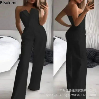 New Fashion Women's Elegant Jumpsuits Solid Off Shoulder Sexy Slim Jumpsuits Female Sleeveless High Waist Wide Leg Rompers Pants