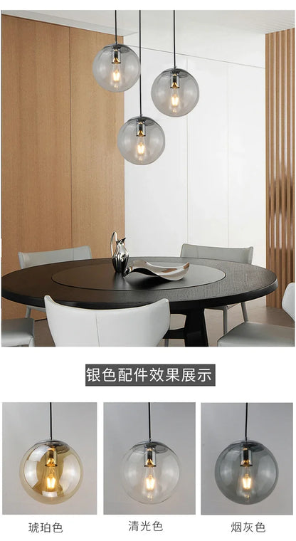 Modern Simple Glass Chandelier Bar Counter Restaurant Gold Hanging Lights Silver Metal Amber Ashtray Ball Glass Suspension Lamp