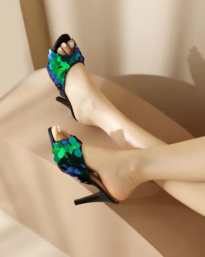 Elegant Style Lady Slippers Nightclub Club Summer Sequins High Heels Luxury Designer Stiletto Sandals Women Party Shoes Female
