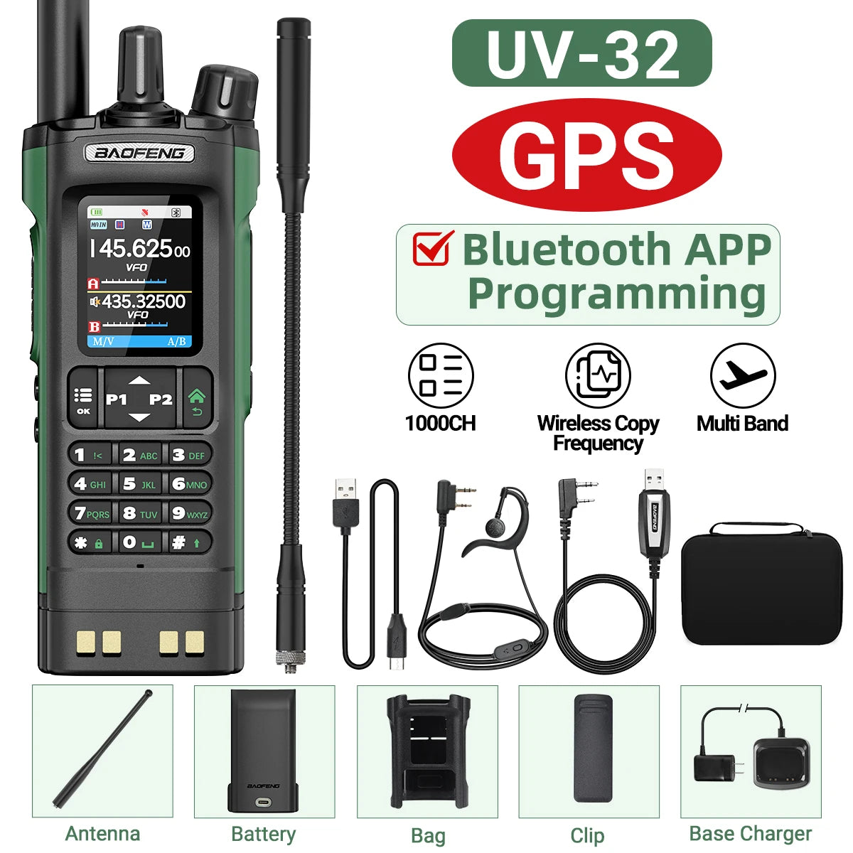 BAOFENG UV 32 Walkie Talkie Long Range GPS 10W Multi Band Wireless Bluetooth Programming Copy Frequency UV32 Ham Radio Camping
