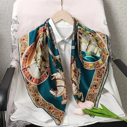 Luxury Retro Printed Silk Bandana Square Scarf, 90 * 90CM, Women's Fashionable Tie Headscarf, Casual Shawl, Belt