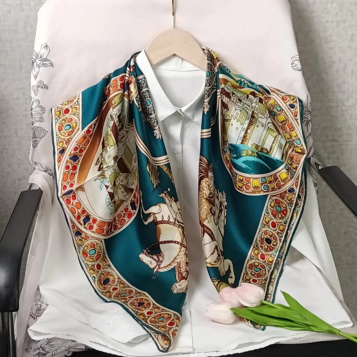 Luxury Retro Printed Silk Bandana Square Scarf, 90 * 90CM, Women's Fashionable Tie Headscarf, Casual Shawl, Belt