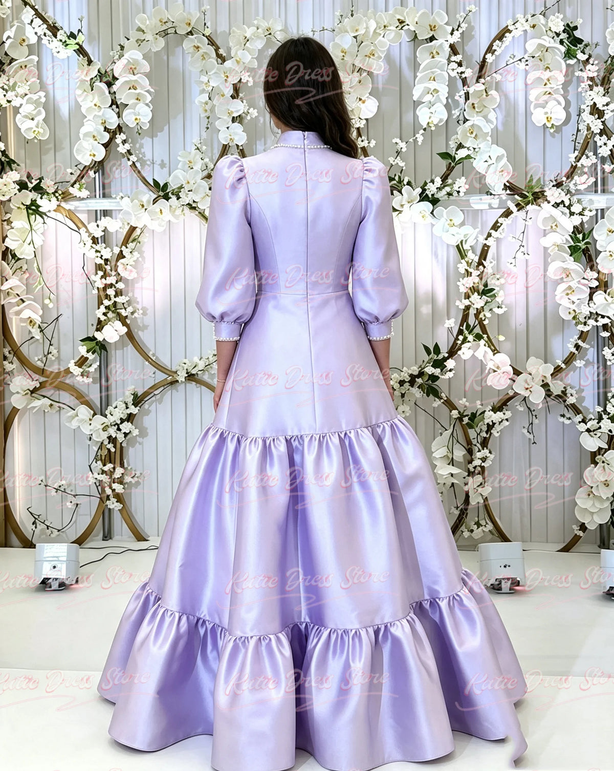 Satin Bridesmaid Dress For Women Balloon Sleeve A-line High Neck WIth Pearls Birthday Party Evening Ball Gown Customized