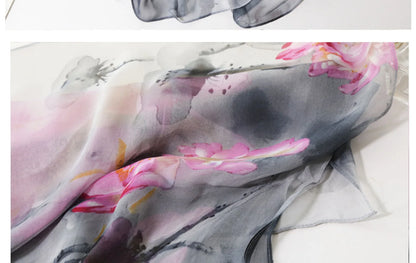 Ink Painting Lotus Summer Beach Sun Protection Chiffon Georgette Scarf Women Foulard Shawl Bandana Elegant Thin Breathable