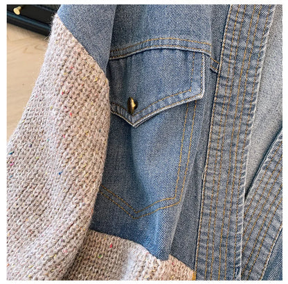 Fat mm200 Pounds Vintage Denim Patchwork Sweater Coat ins Fashion Woman 2024 Autumn and Winter Thickened Loose Niche Cardigan