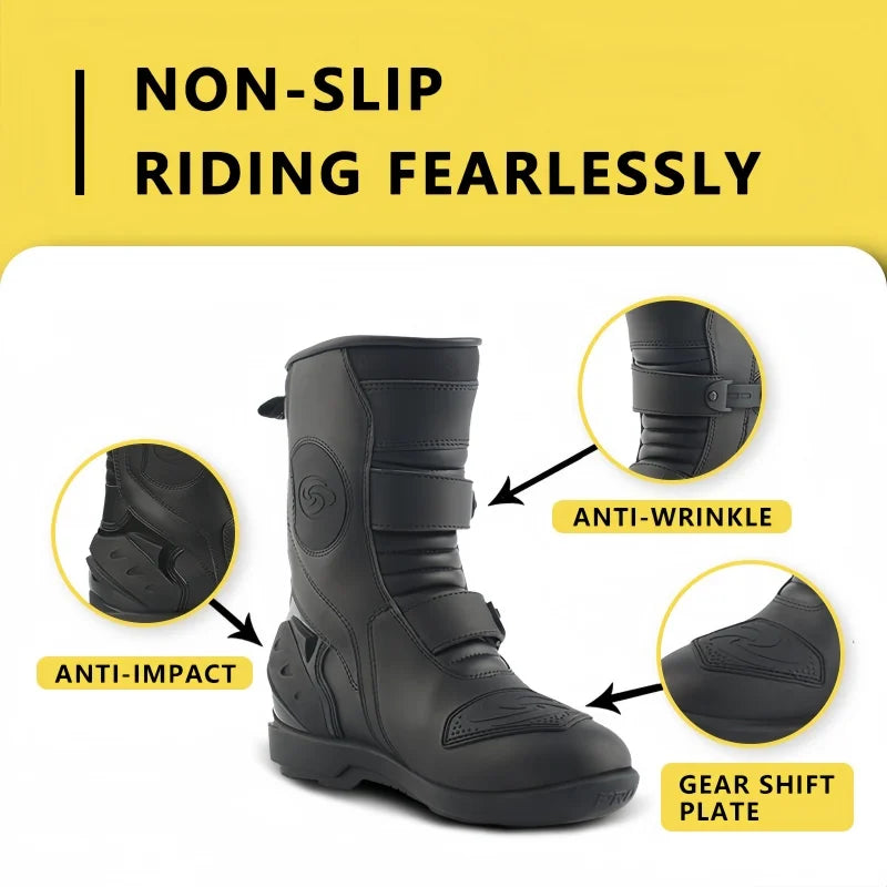 Men's Leather Motorcycle Riding Boots, Breathable Lining, Durable & Comfortable Anti-Slip Motorbike Shoes for Street Riding