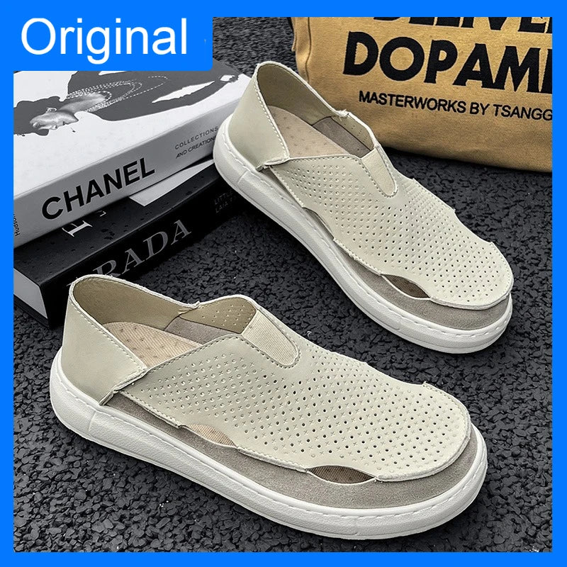 Mens Sandals Summer Handmade Leather Daily Wear Fashionable Walking Shoes Breathable Odor Proof Casual Loafers Plus Size Male