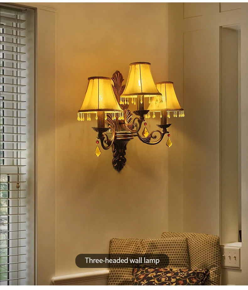 Retro American European Iron Art Red Cloth Crystal Wall Lamp for Hall Restaurant Bedroom Walkway Hotel Bar Decorative Wall Light