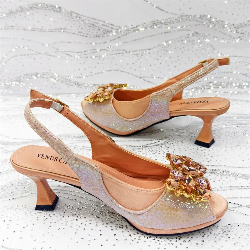 Elegant Orange Color 2025 Rhinestone High-Heels Shoes & Handbag Set – Luxury Wedding & Party Accessories