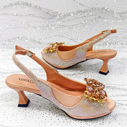 Elegant Orange Color 2025 Rhinestone High-Heels Shoes & Handbag Set – Luxury Wedding & Party Accessories