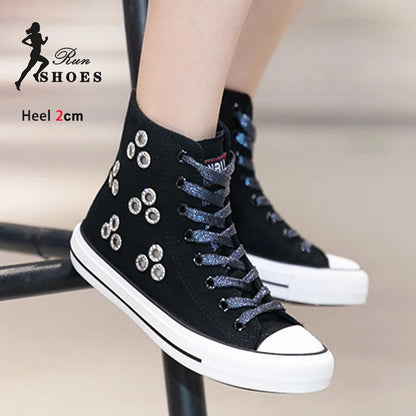 Breathable Hollow Canvas Short Boots Summer Women Black Casual Shoes Punk Rivet Flat Bottomed Shoes 2CM Woman High top Sneakers