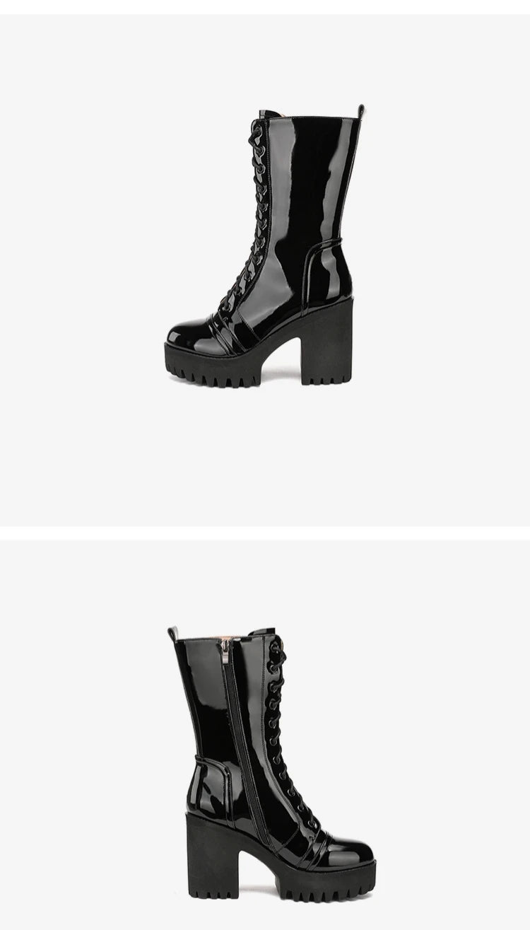 10cm Small Size 32-43 Fall Winter Genuine Leather Boots Platform Shoes 2026 Womens Block High Heels Mid Leg Boots Office Model
