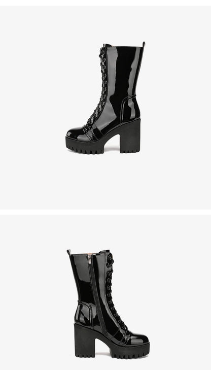 10cm Small Size 32-43 Fall Winter Genuine Leather Boots Platform Shoes 2026 Womens Block High Heels Mid Leg Boots Office Model