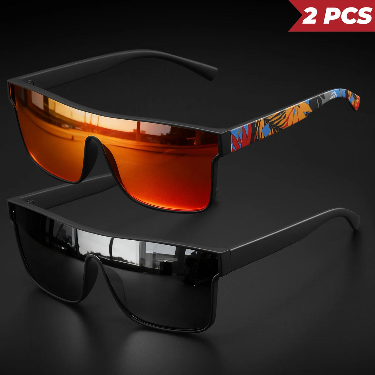 2PCS Classic Fashion Square Sunglasses - Patterned Temples, UV400 Unisex for Cycling, Running & Travel