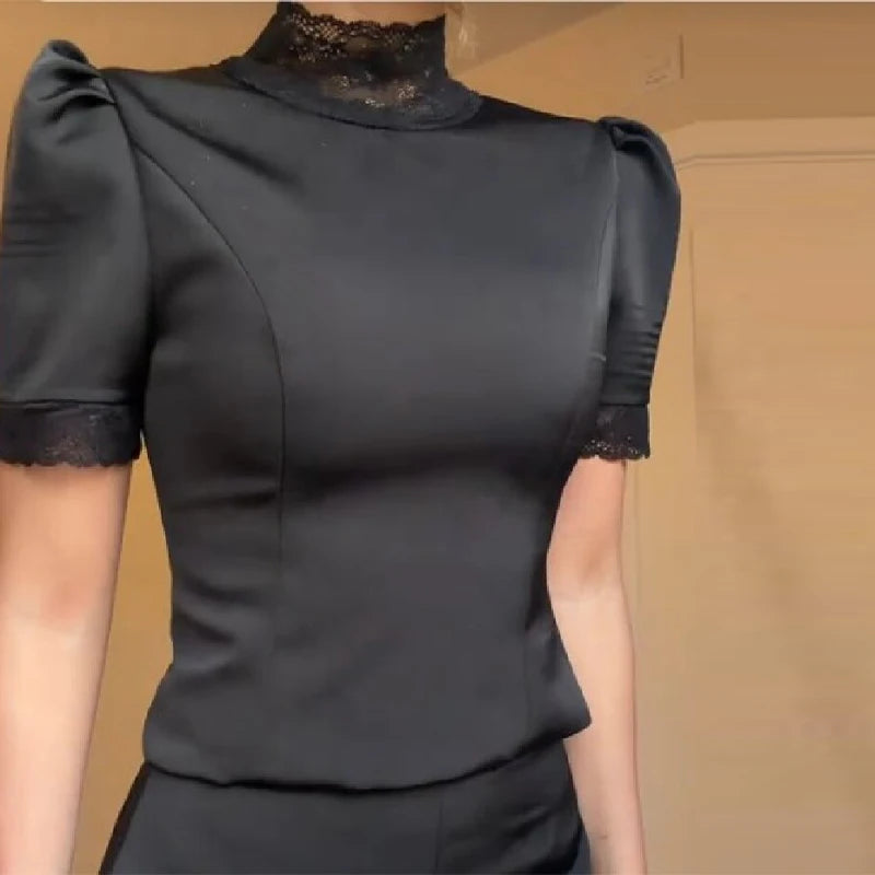 New Satin Lace Edge Top Short Sets Lace High Neck Padded Shoulder Blouse Low Waist Shorts 2026 Lady Spring Summer Party Outfits