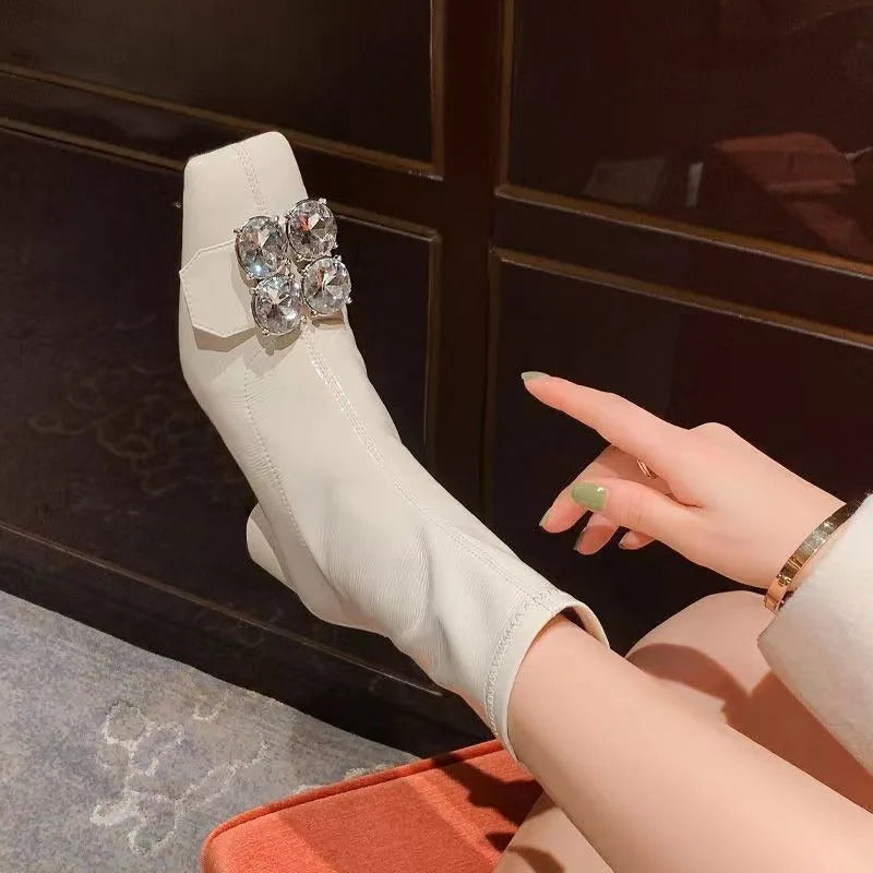 Women's Fashion Chunky Single Boots Fall New Square Head Rhinestones After Zipper Temperament Short Boots
