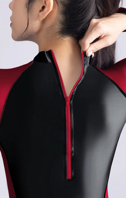 AMORESY Satin glossy bodysuit Long sleeved five quarter pants sports bodysuit color blocked bodysuit back zipper swimsuit