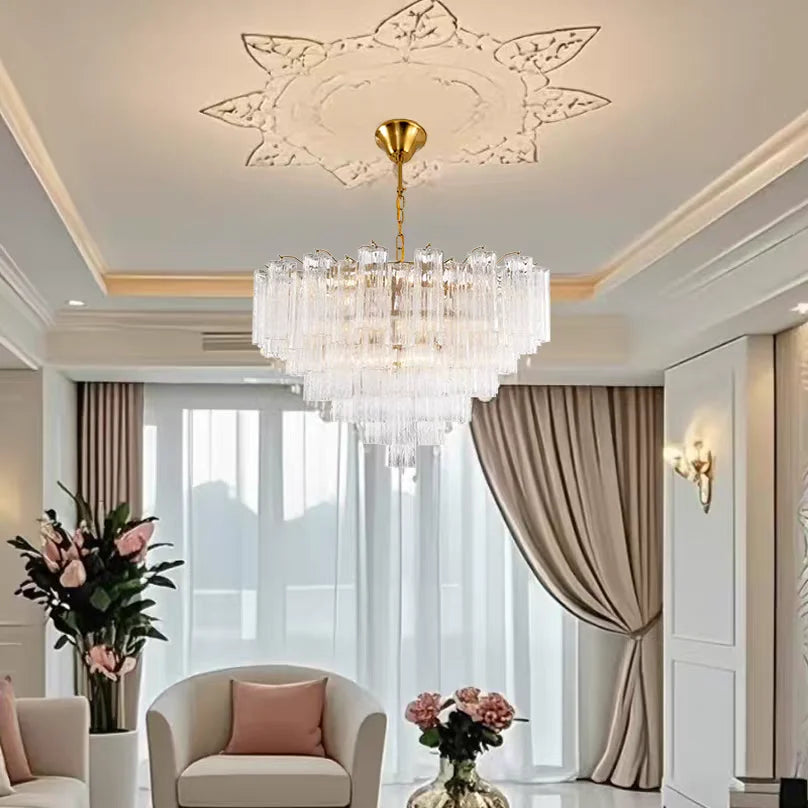 Round Murano Glass Ceiling Chandelier For Dining Living Room Bedroom Foyer Amber Glass Crystal Tube Hanging Chandelier Lights