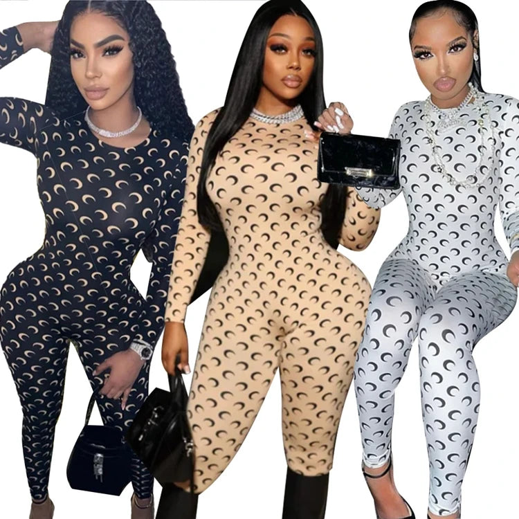 Womens Jumpsuit American Retro Slim Fit Sexy Moon Print Long Sleeve Round Neck Tight Fitting Leggings Versatile Autumn
