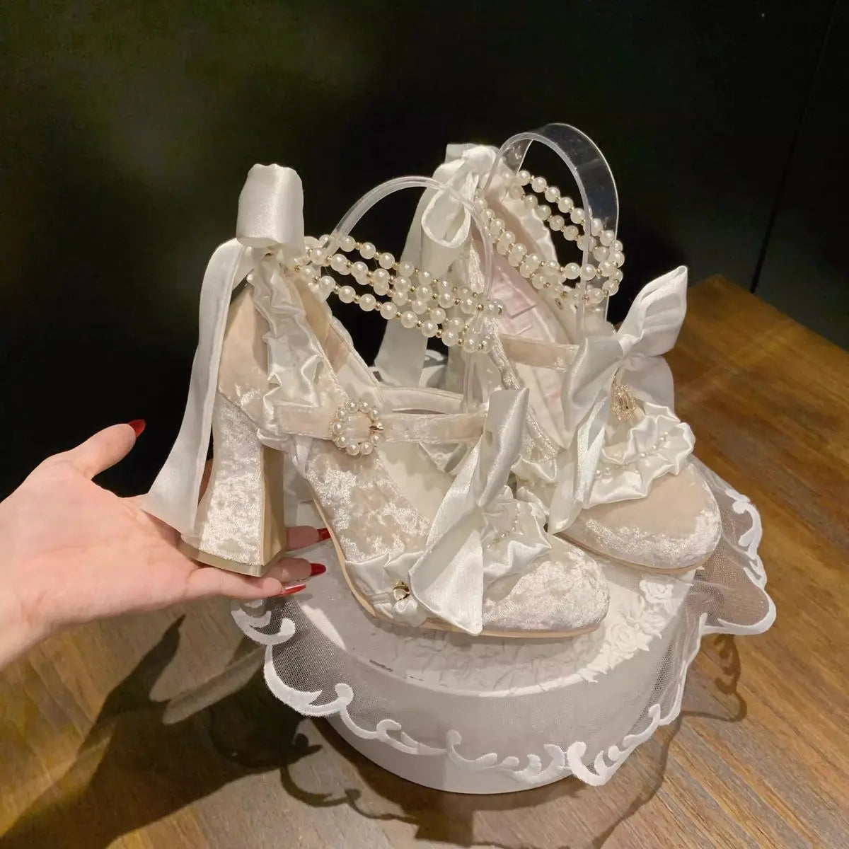 Sweet Lolita Women High Heels Luxury Designer Court Style Velour Bowknot Princess Dress Shoes Elegant