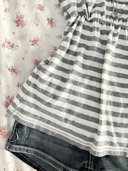 Women's Summer Retro Y2K Striped Vest, Lace Trim Neck Cami Top