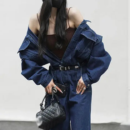 Jumpsuits Women Autumn Spring Fashion New Safari Style Loose Long Sleeve Denim Jumpsuits Office Lady
