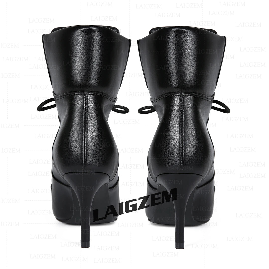 LAIGZEM Women Ankle Boots 7.5CM Thin High Heels Short Boots Lace up Faux leather Ladies Shoes Woman Large Size 38 41 45 47