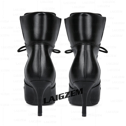 LAIGZEM Women Ankle Boots 7.5CM Thin High Heels Short Boots Lace up Faux leather Ladies Shoes Woman Large Size 38 41 45 47
