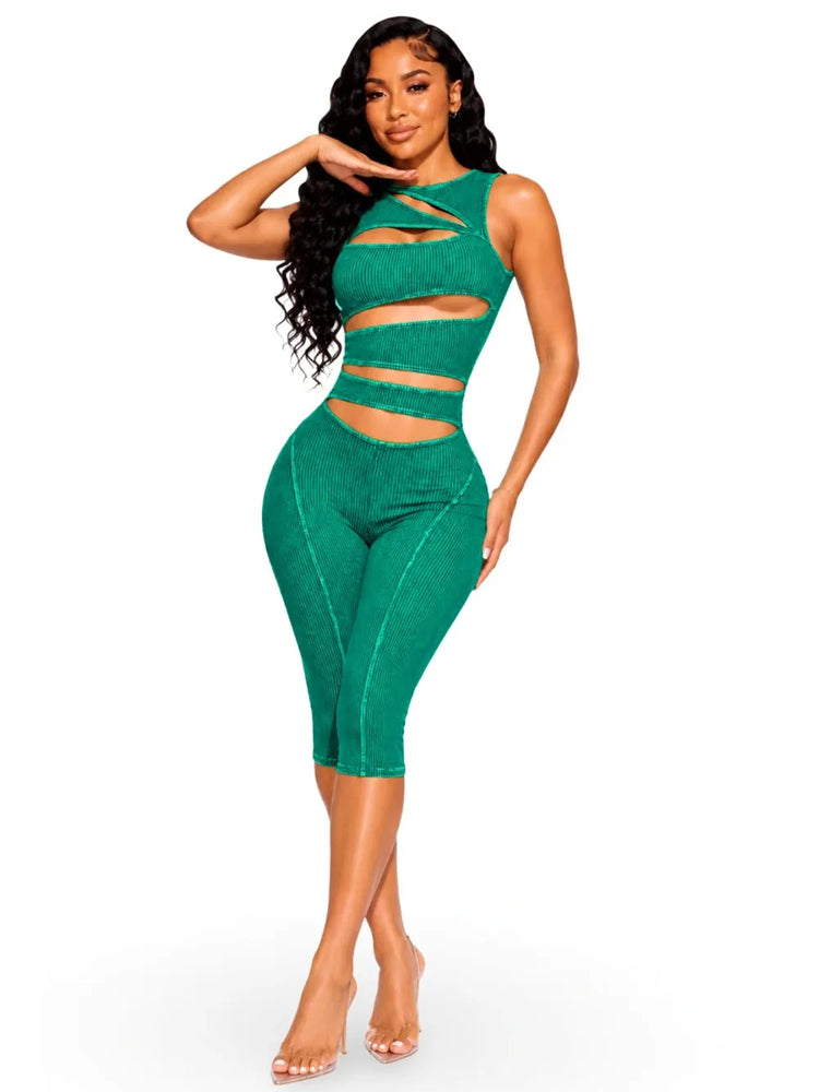 FLARORA Fashion Ribber Knitted Capri Jumpsuits Woman Sexy Hollow Out O-neck Sleeveless Zipper Skinny Playsuits Hottie Streetwear