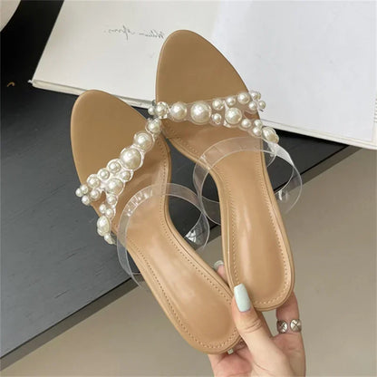 Luxury Brand Design String Bead PVC Transparent Slippers Women Summer High Heels Sandalias Fashion Open Toe Party Slide Sandals