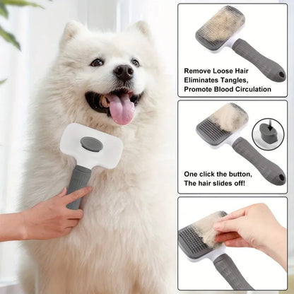 Pet Grooming Brush with One-Click Hair Removal, Bent Needle Massaging Comb for Dogs & Cats
