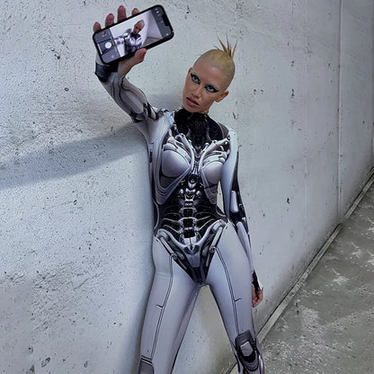 3D Printed Cosplay Bodycon Jumpsuits Y2k Techwear Long Sleeve Gothic Punk Playsuits Anime Women Mock Neck Zip Bodysuit
