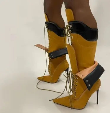 Punk Style Bling Rhinestone Pointed Toe Mid-Calf Women Boots Stiletto High Heels Lace Up Design Large Size Fashion Show Shoes