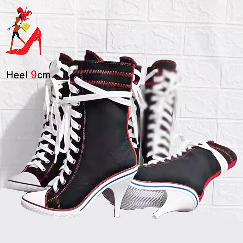 2024 New High-heeled Boots Women Canvas Shoes Denim Rivets Ladies Stilettos Lace-Up Thin Heel Casual Shoes Sexy Zapatos Mujer
