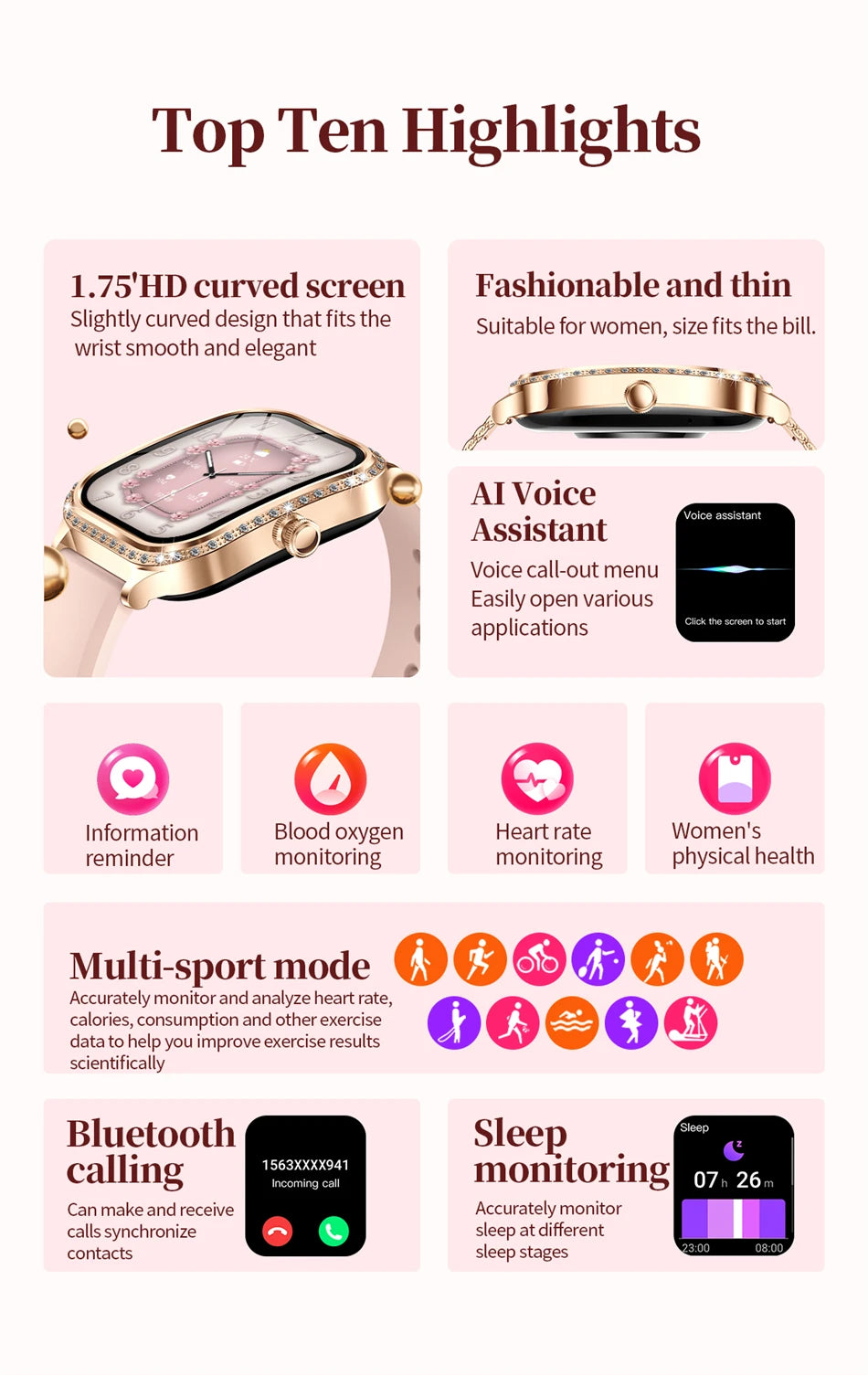 Fashion Women Diamond Watch 1.75 inch 360*360 HD Display Heart Rate Blood Oxygen Monitoring Bluetooth Call Smartwatch 2026 New