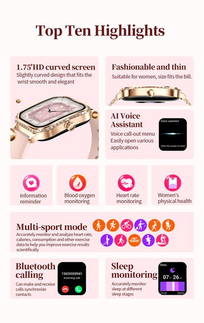 Fashion Women Diamond Watch 1.75 inch 360*360 HD Display Heart Rate Blood Oxygen Monitoring Bluetooth Call Smartwatch 2026 New