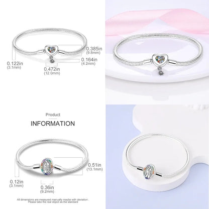 Silver 925 Bracelet Original Bracelets Colorful Zircon Heart Flower Cat Snake Chain For DIY Charms 17-20CM Luxury Jewelry Gifts