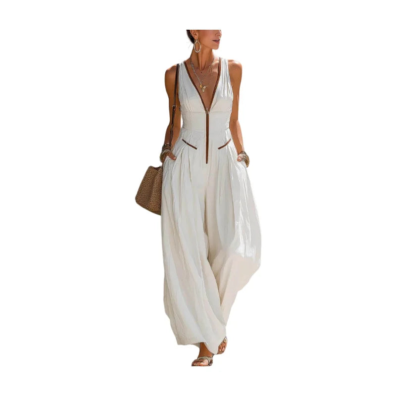 Women's Deep V Neck Sleeveless Front Zip Pocket Wide Leg Jumpsuit For Street Travel Daily Weekend Casual Fashion Occasions