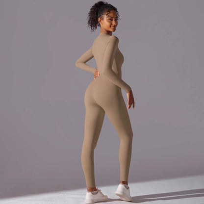 Solid Sports Jumpsuit Fashion Zipper Long Sleeve Fitness Overalls Women Sportswear Quick-dry Gym Yoga Jumpsuit