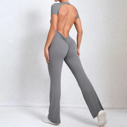 Sexy Backless Scrunch Flared Jumpsuits Women One Piece Sportswear Yoga Clothes Short Sleeve Fitness Overalls Female Sport Outfit